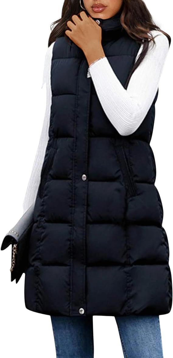 Tanming Women's Long Puffer Vest Cotton Sleeveless Puffy Jacket with Removable Hood | Amazon (US)