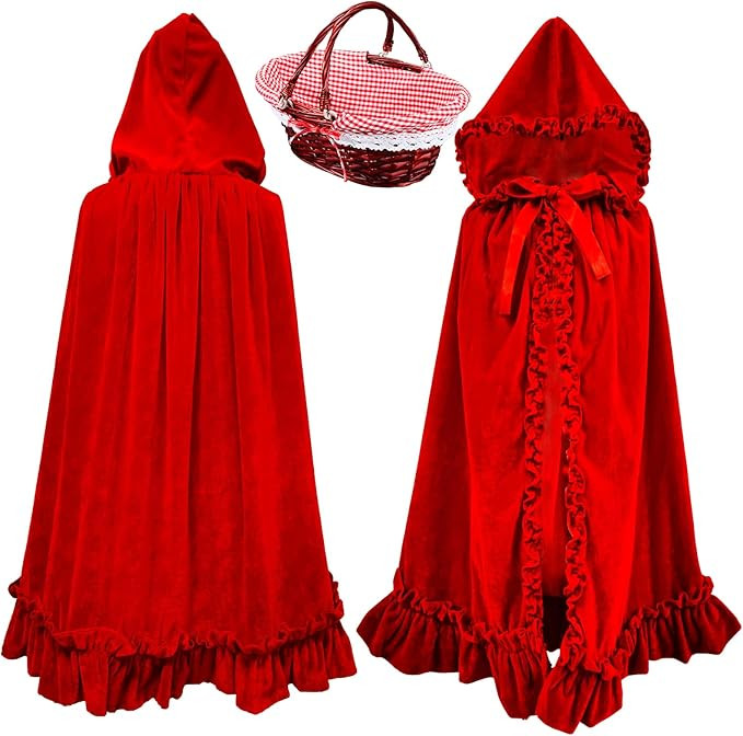 Suhine 1 Pcs Hooded Cloak Long Velvet Cape Red with 1 Pcs Picnic Basket for Halloween Women Ridin... | Amazon (US)