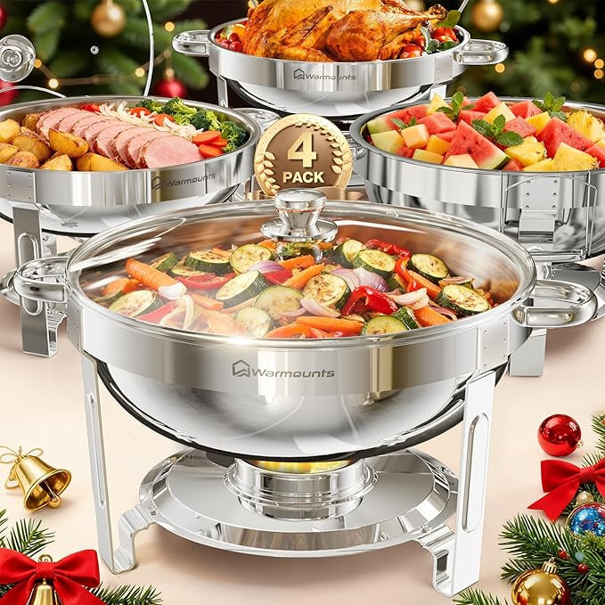 WARMOUNTS Round Chafing Dishes for Buffet with Glass Lid (5QT, 4 Pack), Chafers and Buffet Warmer... | Amazon (US)