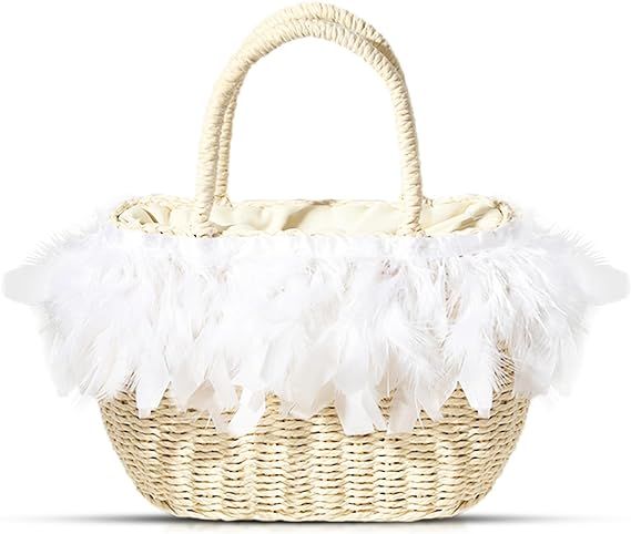 QTKJ Tote Bag for Women, Straw Bag, White Feather Lace Beach Bag, Handmade Woven Bag, Summer Beac... | Amazon (US)