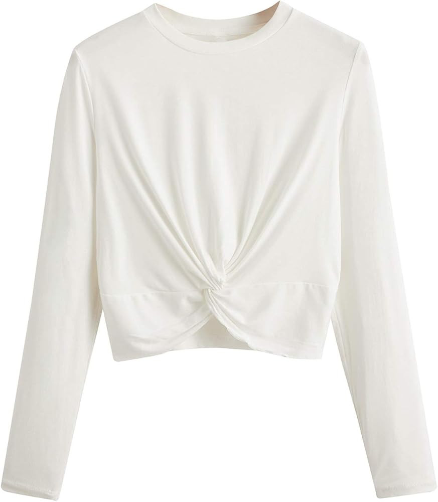 MakeMeChic Women Casual Solid Twist Front Long Sleeve Crop Top Tee T-Shirt | Amazon (US)