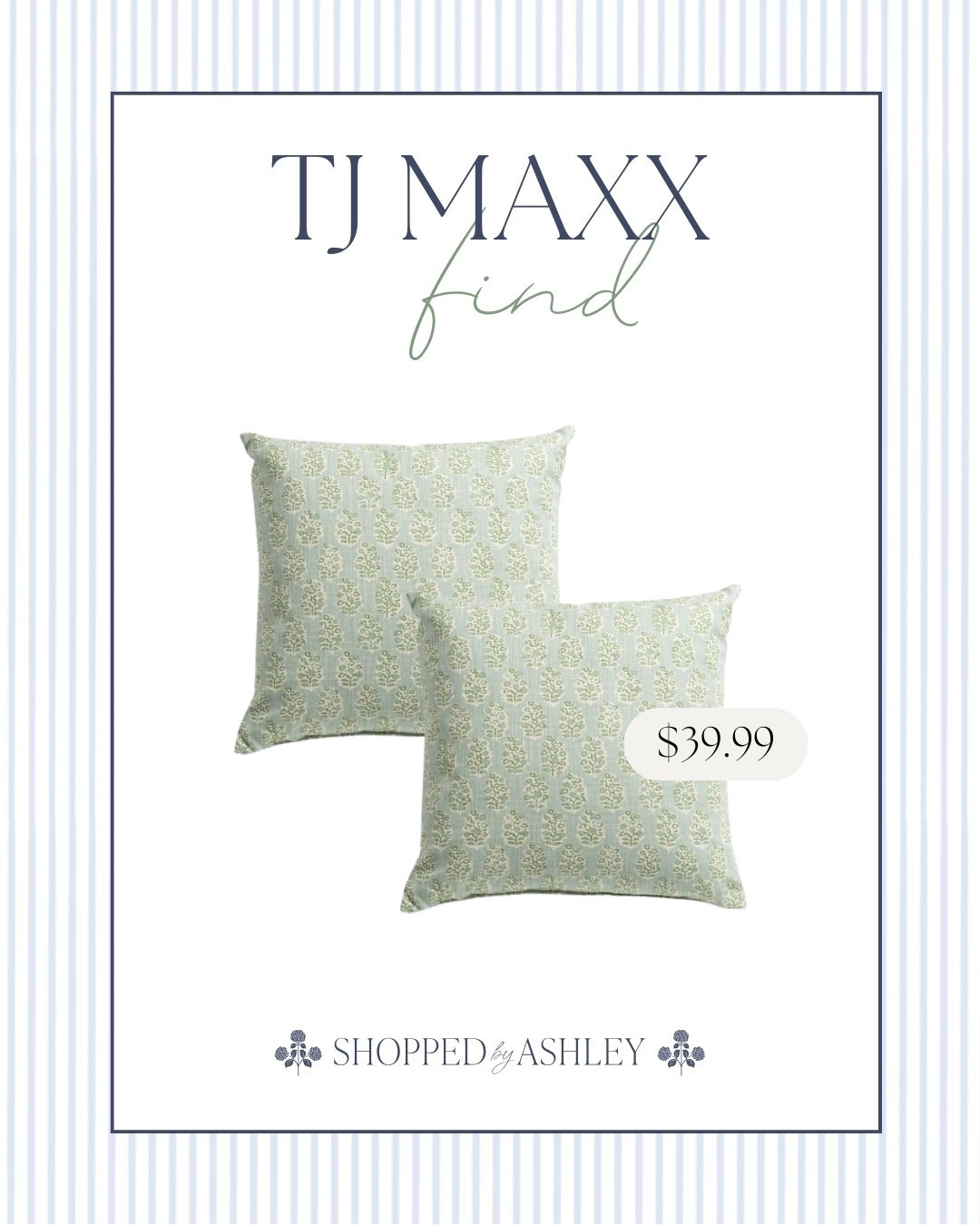 Just ordered 3 of these pillows online at TJ Maxx! They retail for $125 each vs $39.99 at TJ Maxx 🤯

Blockprint pillow, linen pillow, blue and green pillow, designer look, designer style, Grandmillennial decor, Grandmillennial home 

#LTKHome