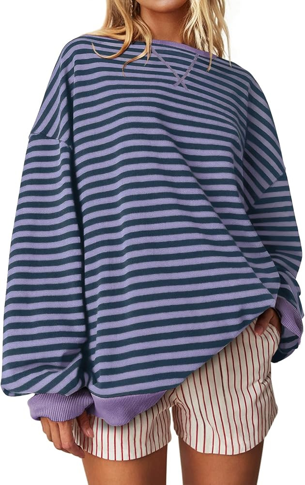 UEU Women Oversized Striped Crewneck Sweatshirt Long Sleeve Color Block Pullover Tops Casual Loos... | Amazon (US)