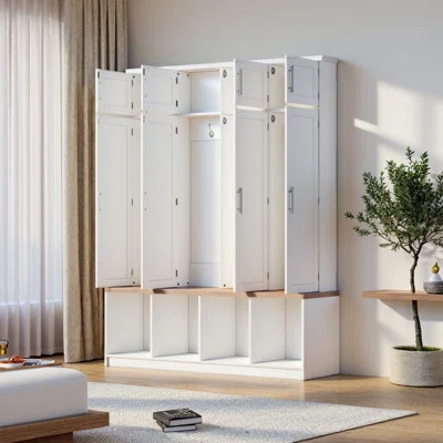 Farmhouse Hall Tree With 8 Doors & Hidden Hooks – Entryway Shoe Cabinet Bench In Walnut Finish | Wayfair North America