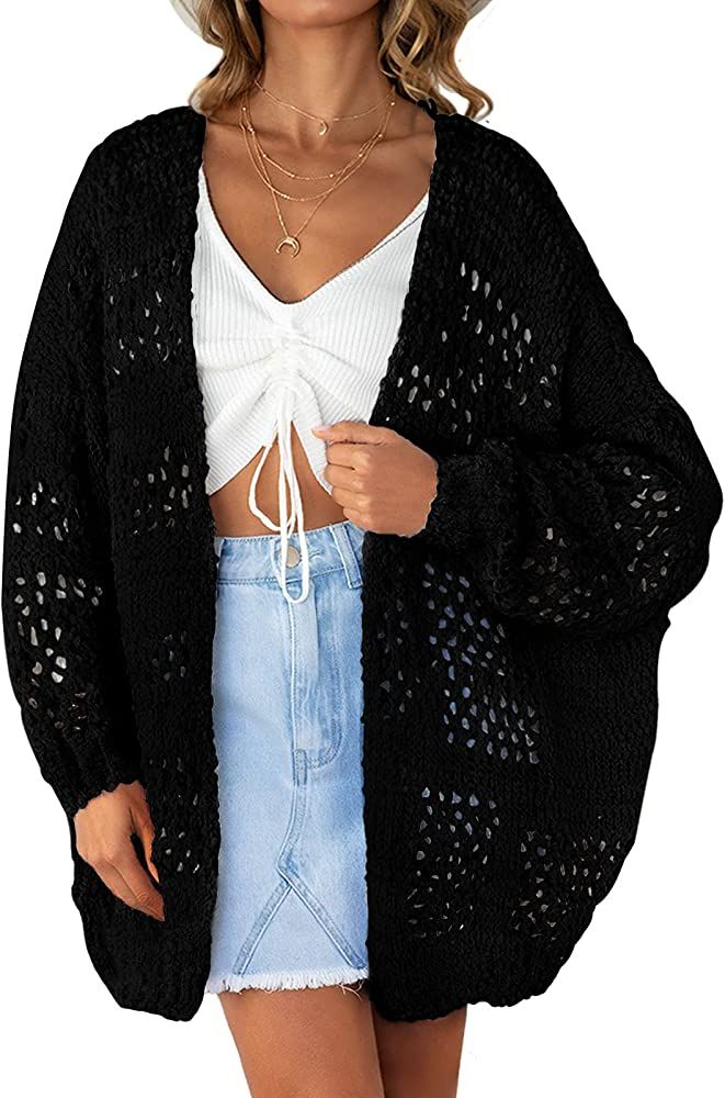ZESICA Women's Long Batwing Sleeve Open Front Crochet Hollow Out Lightweight Oversized Knit Cardi... | Amazon (US)