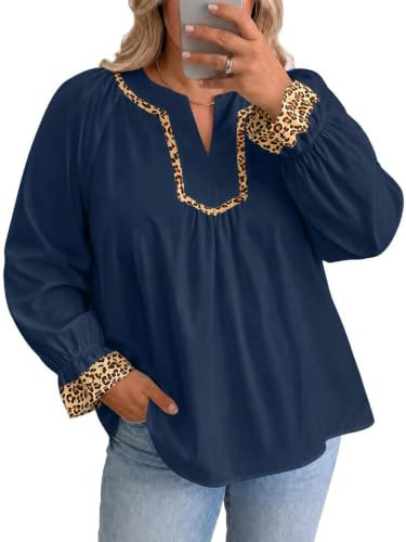 Beautife Womens Plus Size Puff Sleeve Leopard Print Tops V Neck Blouses | Amazon (US)