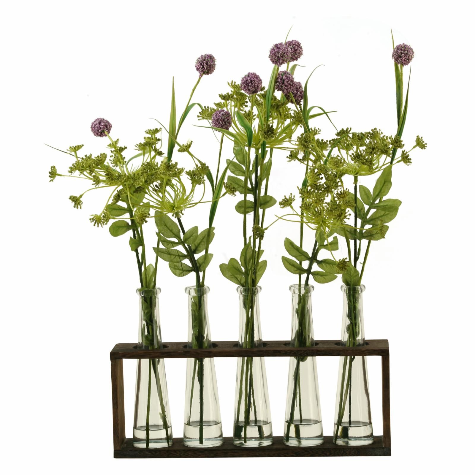 D and W Silks Globe Flowers in Glass Vases in Wooden Holder | Hayneedle