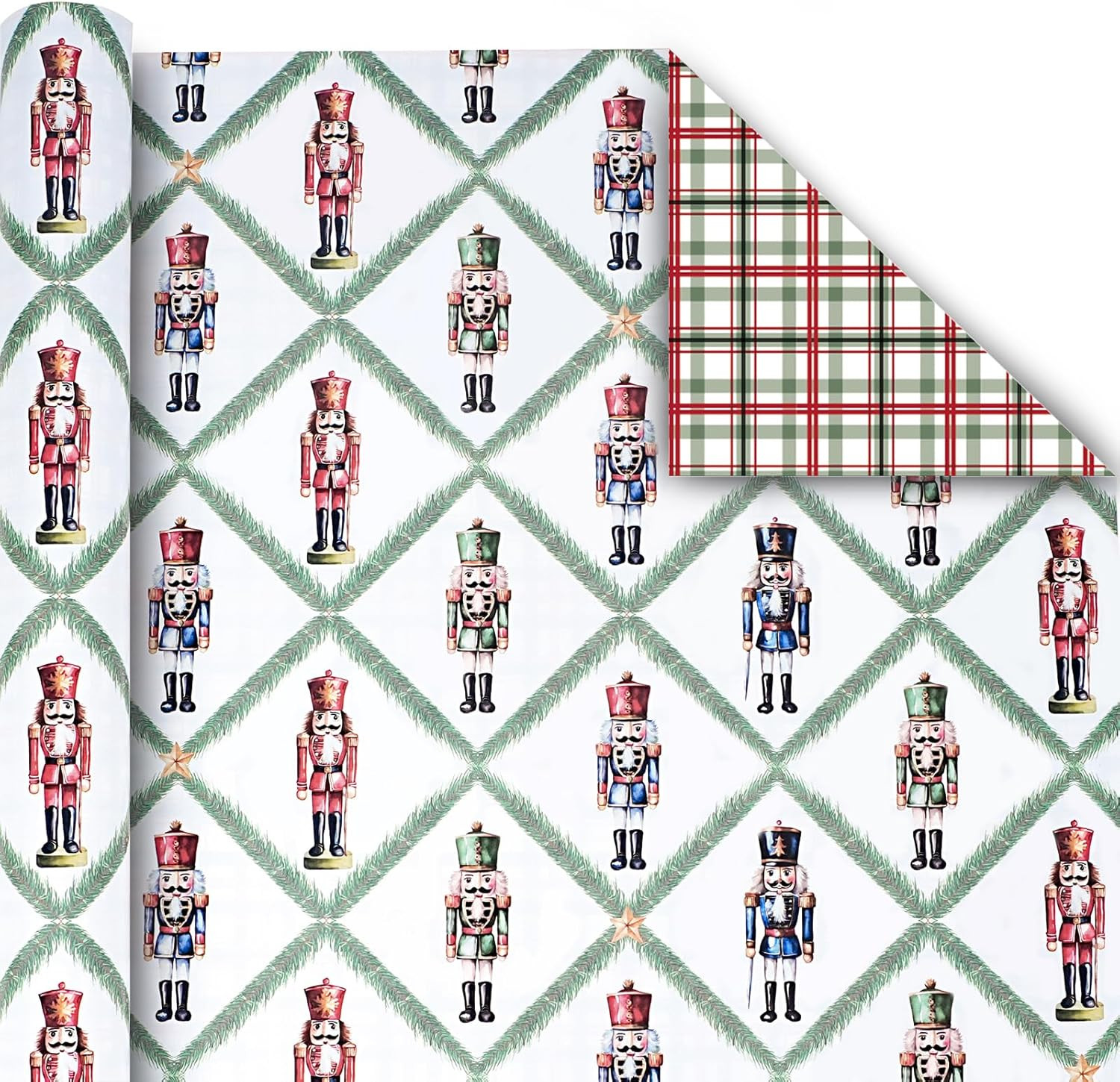 BIOBROWN Christmas Wrapping Paper Vintage Nutcracker and Plaid Design | Amazon (US)