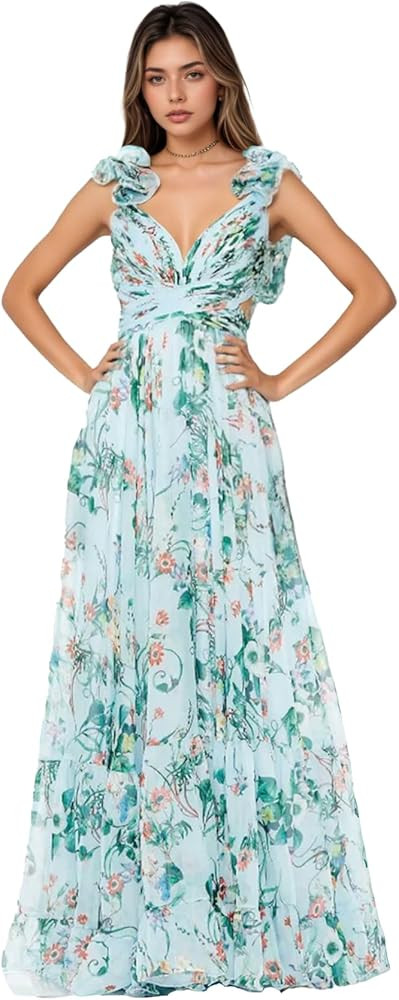 Lawrncedw Chiffon Ruffle Prom Dress for Women V Neck Long Bridesmaid Dresses Backless Formal Even... | Amazon (US)