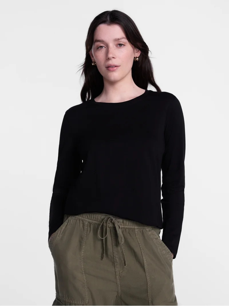 Scenario Women's Cotton Crewneck Tee with Long Sleeves, Sizes XS-XXXL | Walmart (US)