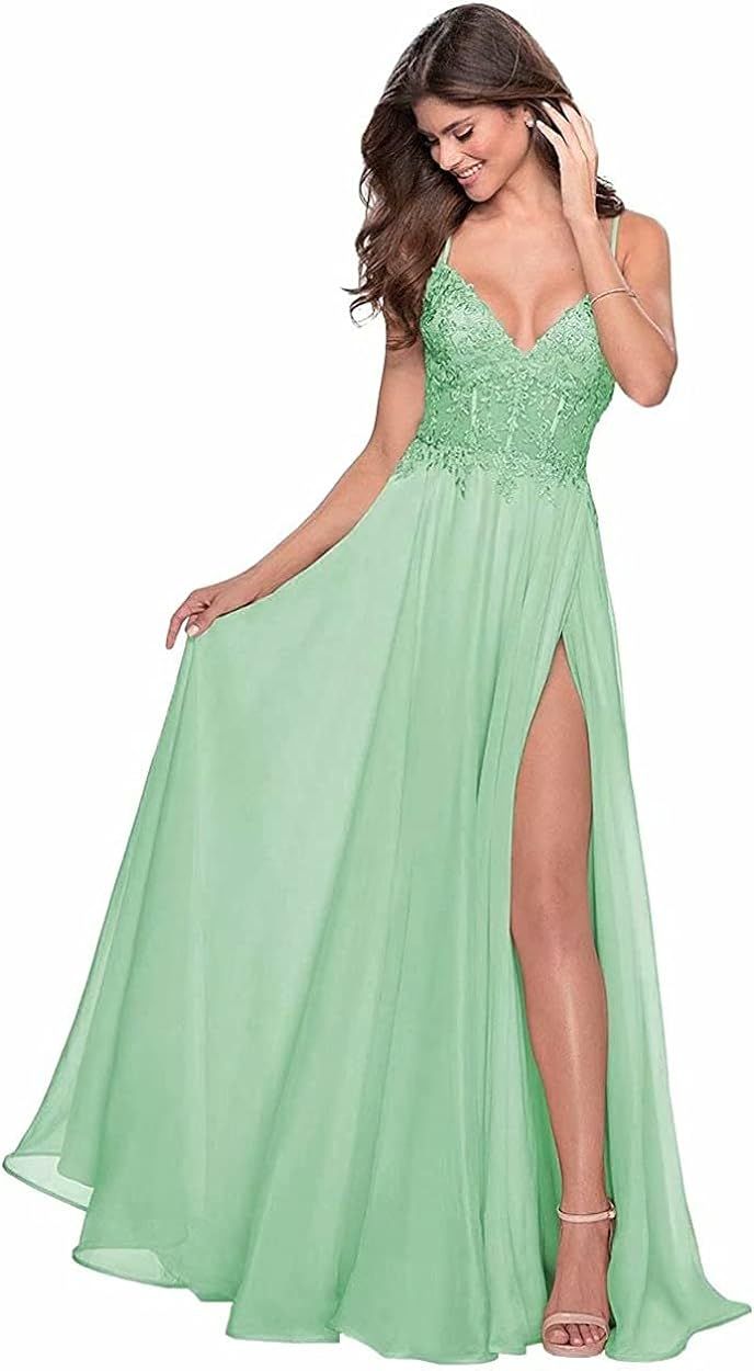 Women's Lace Applique Bridesmaid Dress Chiffon Long Slit Spaghetti Straps V Neck Formal Party Dre... | Amazon (US)