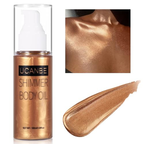 UCANBE Body Shimmer Oil 100ml, Moisturizing Body Glow Glitter Oil, Waterproof Shimmering Luminizer Liquid Illuminator Highlighter, Tinted Shimmer Lotion Glowing Bronzer Makeup(Bronze Gold) | Amazon (US)