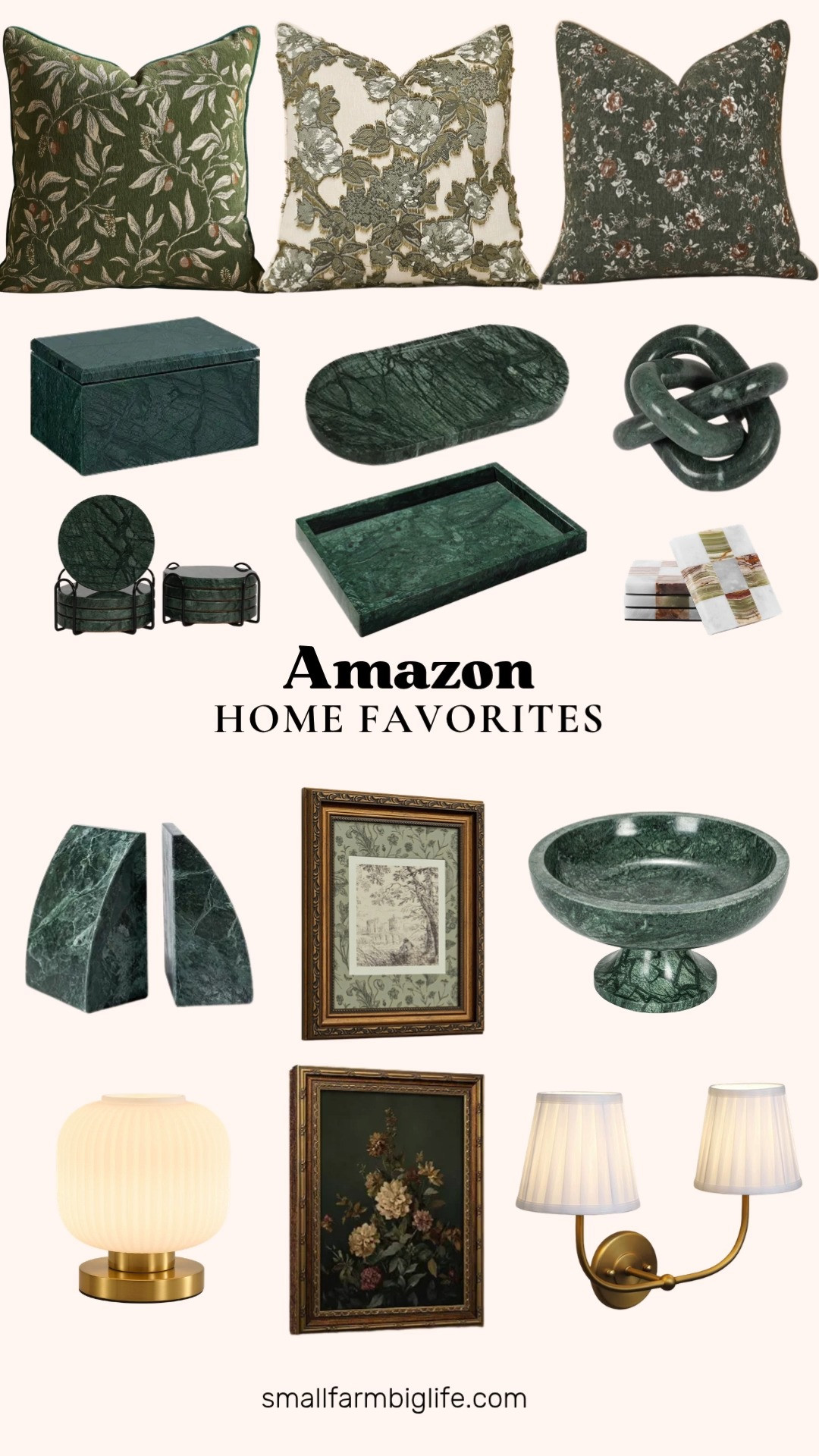 Deep olive and forest green are having a moment in home decor this fall, and this lineup layers rich green marble with moody botanical accents beautifully. The green marble oval vanity tray and the Bloomingville footed pedestal bowl both make gorgeous statement pieces for a dresser or coffee table, while the dark green marble coasters and the white and green onyx checkered coasters bring that same luxe stone texture to everyday use.

More green marble finds round out the collection nicely. The green marble bookends add a modern touch to a shelf, and the green marble storage box with a lid is a beautiful way to organize jewelry on a vanity. The Bloomingville marble chain link is a fun, sculptural accent for styling a tray or shelf.

For softer textures, the olive green and brown floral chenille pillow cover and the olive green fringe pillow cover both bring a vintage, farmhouse feel to a sofa or bed. Wall decor gets a moody upgrade too, the dark green botanical dahlia canvas print and the vintage gold framed landscape sketch both add depth and warmth to a living room or office wall, paired beautifully with the double gold wall sconces with pleated fabric shades.

Finish the space with the vintage gold ribbed table lamp for a warm, ambient glow on a nightstand or side table.

#amazonhome #falldecor #amazonfinds #greenmarble #fallhome 

 #LTKSeasonal #LTKHome