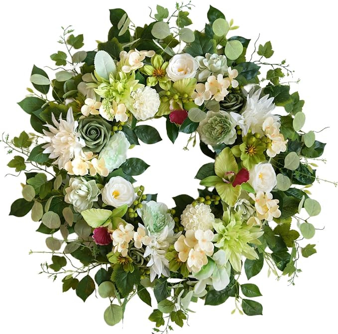 24 Inch Spring Wreath for Front Door, Artificial Green & White Floral Wreath with Peony & Hydrang... | Amazon (US)