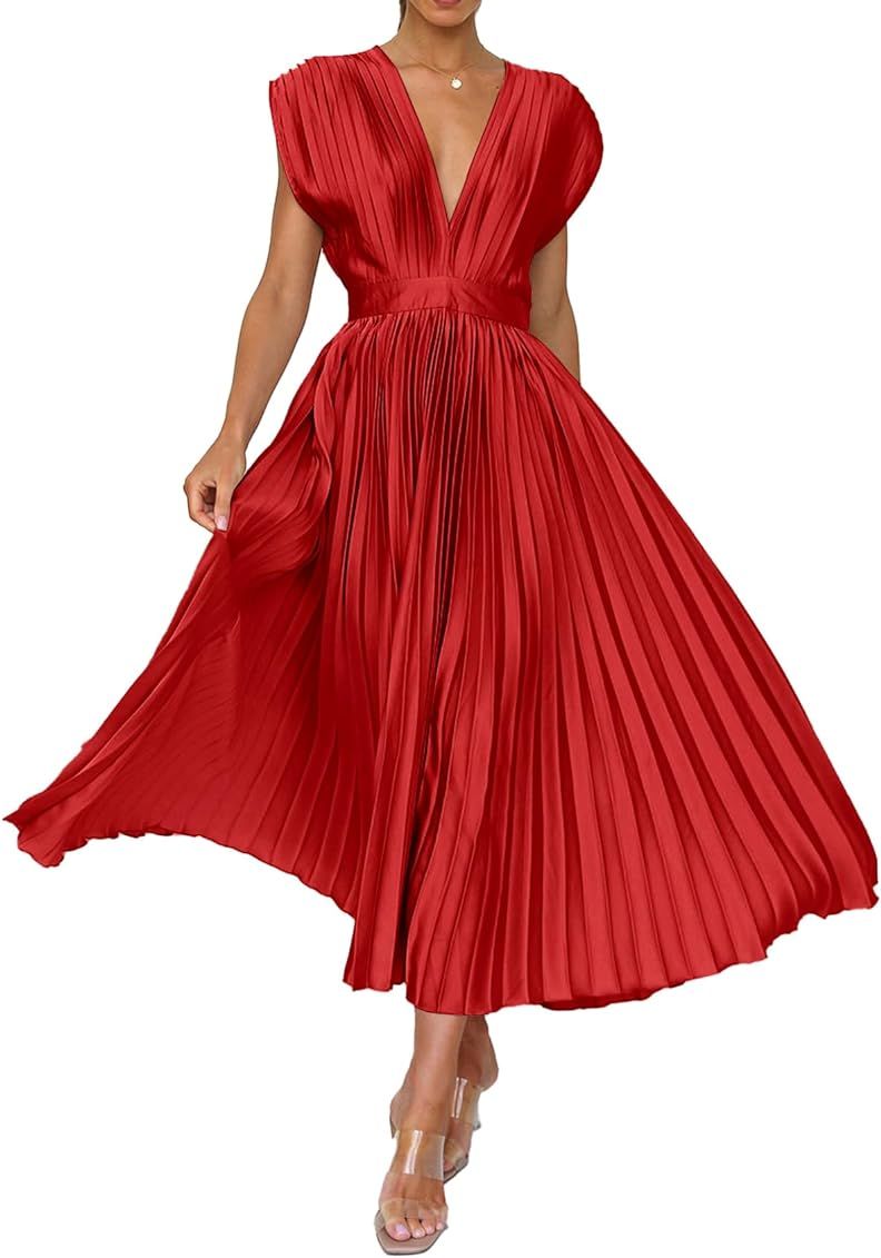 Vrtige Women's Satin Pleated V Neck High Waist Tie Back Cap Sleeve A Line Cocktail Midi Dress | Amazon (US)