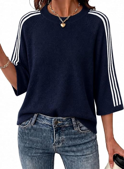 Womens 3/4 Sleeve Striped Sweater Loose Fit Knit Pullover | Amazon (US)