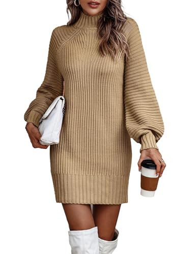 Melliflo Women's Turtle Mock Neck Sweater Dress Lantern Sleeve Stretch Slim Fitted Bodycon Knit Sweater 2024 Fall Short Dress Khaki | Amazon (US)