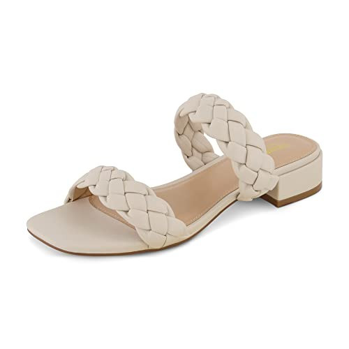 CUSHIONAIRE Nan Braided Two Band Chunky Heels for Women with Memory Foam, Square Open Toe Block Heeled Sandals for Women 2025, IVORY 7 | Amazon (US)