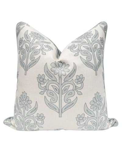 Jillien Harbor “The Naples” Floral Block Print Pillow Cover – Grey and White Blue Decorative Throw Pillow Cover – Grandmillennial Home Decor, 20" x 20" | Amazon (US)