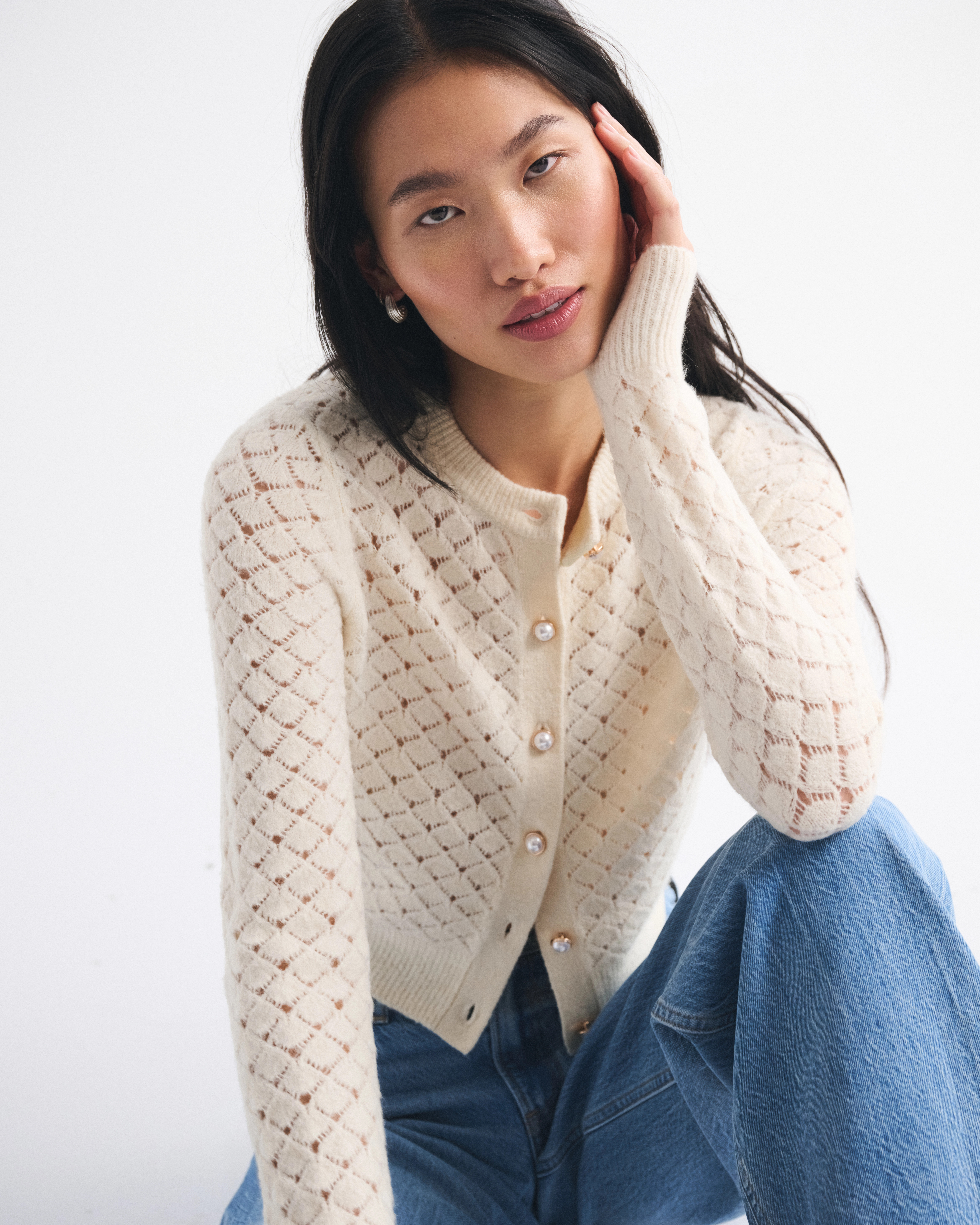 Shrunken Pointelle Crew Cardigan | Abercrombie & Fitch (US)