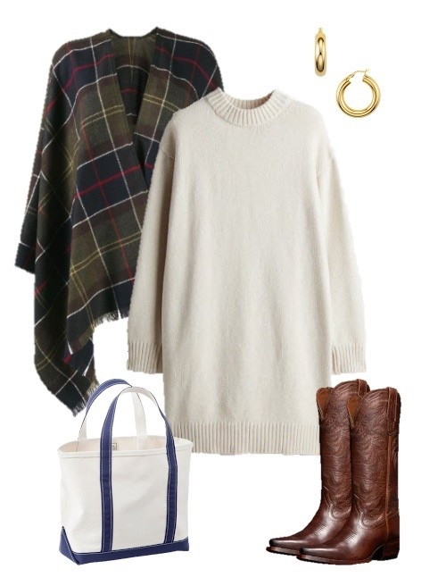 Fall outfit 
Apple picking outfit 
Pumpkin patch outfit
Cowboy boots outfit 
LL Bean boat and tote 
Sweater dress
Plaid poncho 

#LTKStyleTip #LTKSeasonal #LTKFindsUnder100