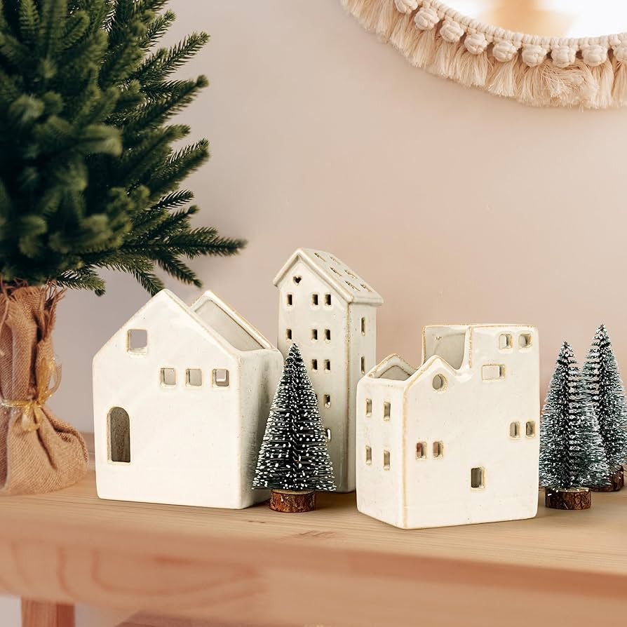 Sunlit Ceramic Christmas Village Sets of 3 Houses with 3 Tea Lights & 3 Frosted Trees, Christmas ... | Amazon (US)