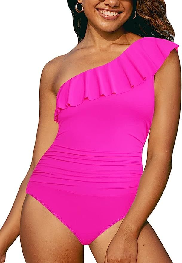 Hilor Women's One Piece Swimsuits One Shoulder Swimwear Asymmetric Ruffle Monokinis Bathing Suits | Amazon (US)
