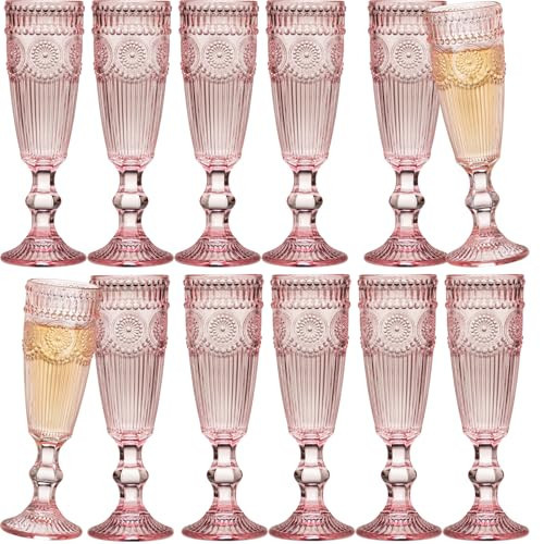 XKXKKE 12 Pcs 5 Ounces Glass Champagne Flutes, Vintage Flower Embossed Colored Glass Sparkling Wine Glasses for Champagne, Cava, Prosecco, Party, Wedding, Bar Fancy Glasses Set of 12 Pink | Amazon (US)