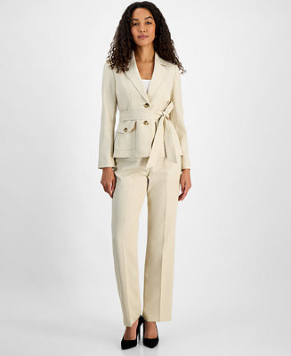 Le Suit Women's Two-Button Belted Safari Jacket & Mid-Rise Straight-Leg Pants Set - Macy's | Macy's