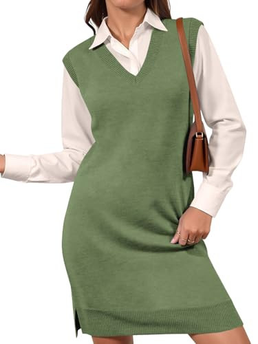 Wenrine Womens Sleeveless Sweater Vest Dress Casual Chunky Knit V Neck Loose Slit Fall Tank Midi Dresses Army Green | Amazon (US)