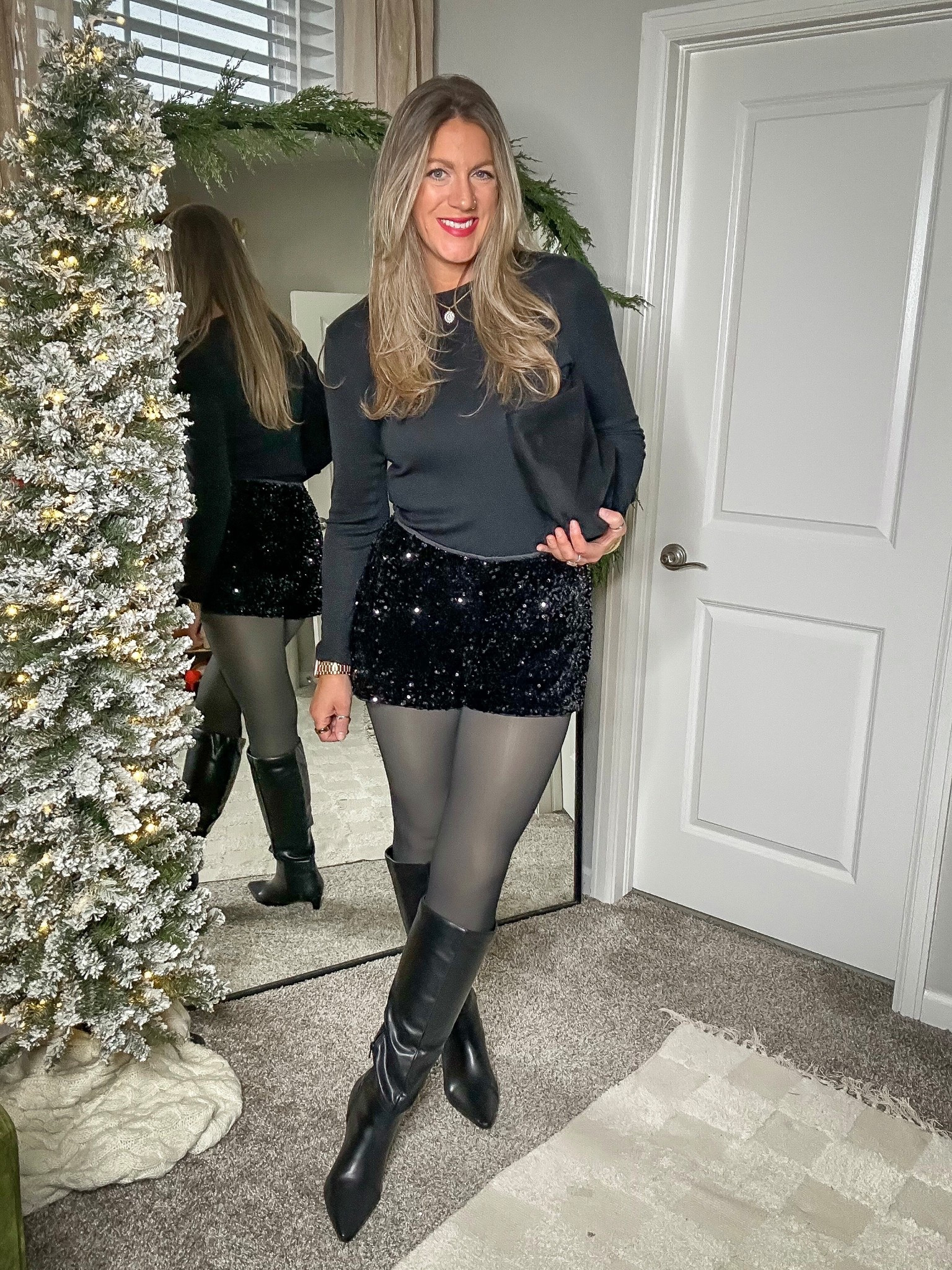They’re back!! The sequin shorts that sold out in minutes last time! Perfect for holiday parties! 
Large shorts, large top, large plus tights, 11 boots, large tall coat.

#LTKHoliday #LTKTall #LTKOver40