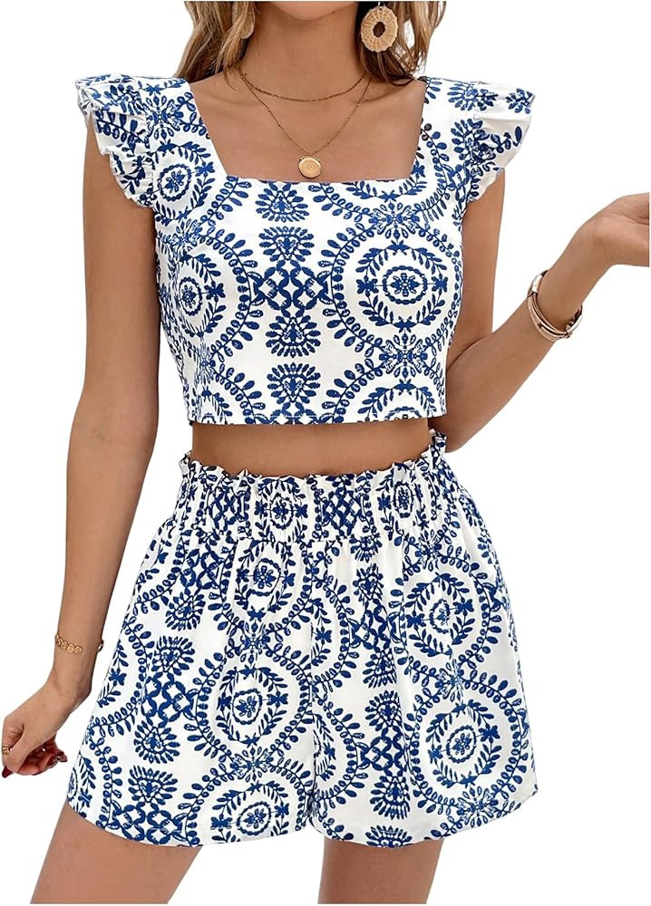 Amazon.com: SweatyRocks Women's 2 Piece Sets Ruffle Sleeve Crop Top and Shorts Summer Vacation Ou... | Amazon (US)