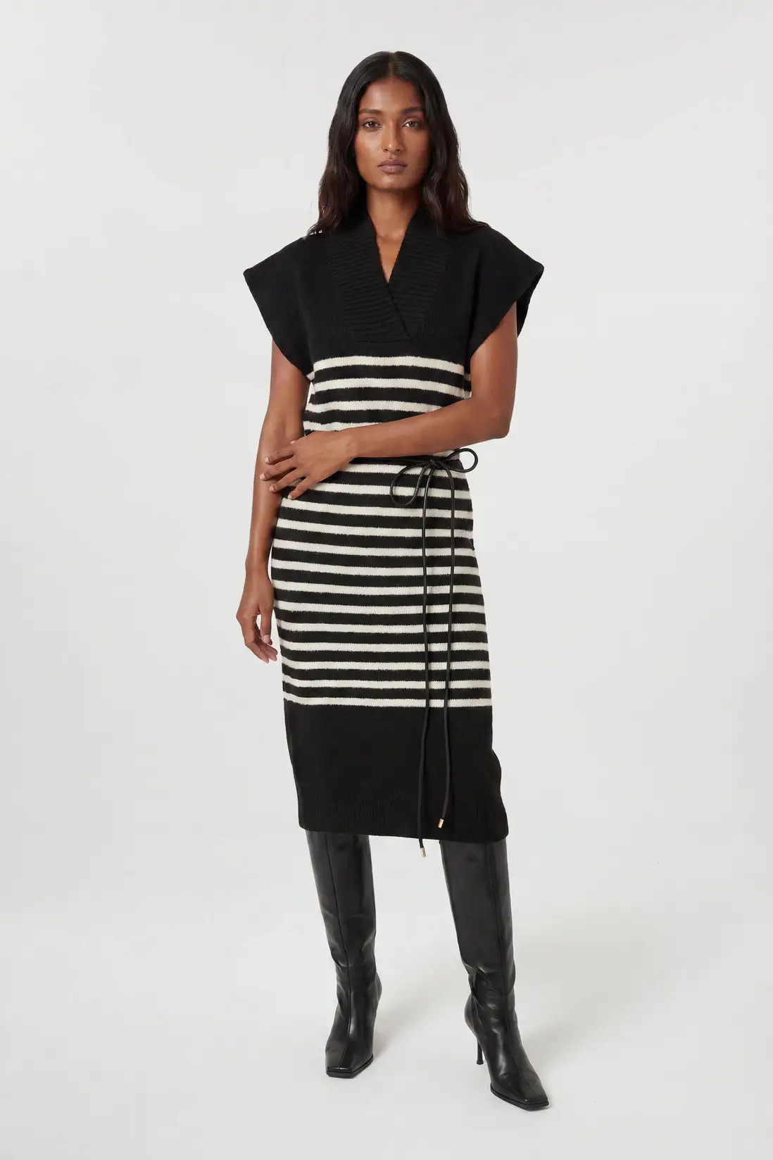 Wool Blend Cosy Knit Striped Belted Midi Dress | Karen Millen
