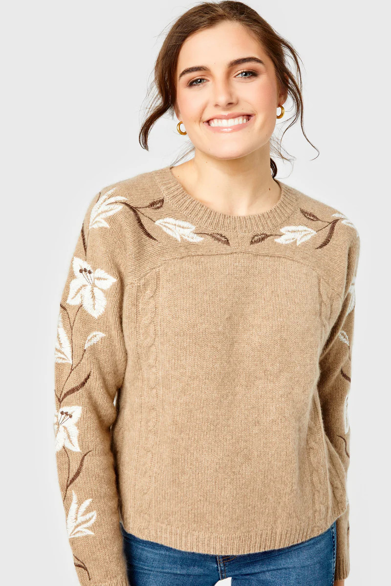 Quinn Sweater-Cashmere Embroidered-Jute | Cartolina