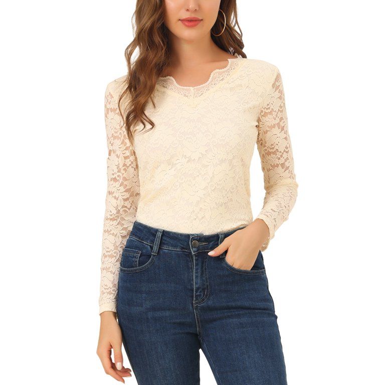 Allegra K Women's Floral Lace Top V-Neck Long Sleeve Lace Scalloped Trim Blouse | Walmart (US)