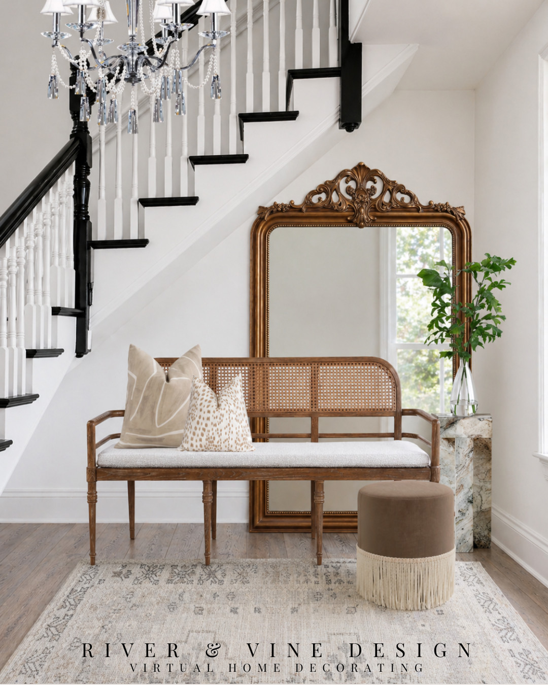 Classic entry, done right 🤍

Cane bench + oversized antique mirror = instant focal point. Layered neutrals keep it light, while the fringe ottoman adds just enough texture to make it feel styled (not staged).

Everything here works together—nothing feels random, which is exactly why it looks expensive.

Tap to shop the look + recreate this setup in your own entry. 

 #LTKHome