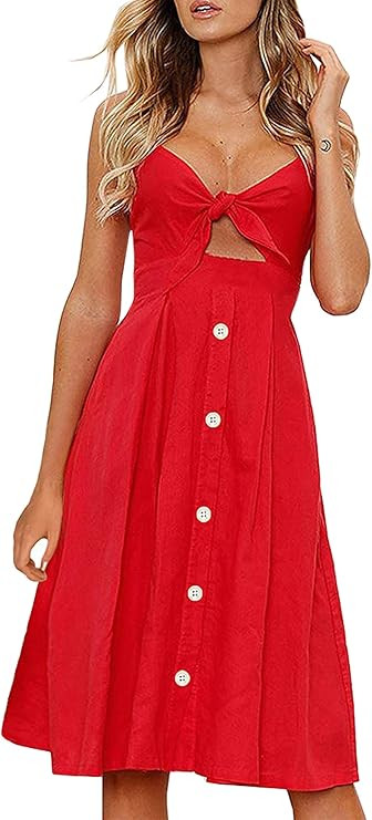 ECOWISH Women Dresses Summer Tie Front V-Neck Spaghetti Strap Button Down A-Line Backless Swing M... | Amazon (US)