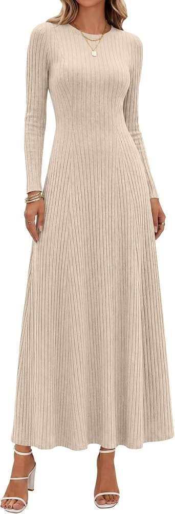 ANRABESS Womens Long Sleeve Ribbed Knit Fall Casual Maxi Dress | Amazon (US)