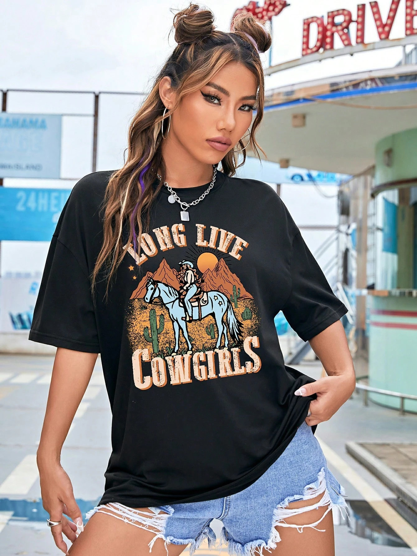 SHEIN EZwear Horse & Letter Graphic Drop Shoulder Tee | SHEIN