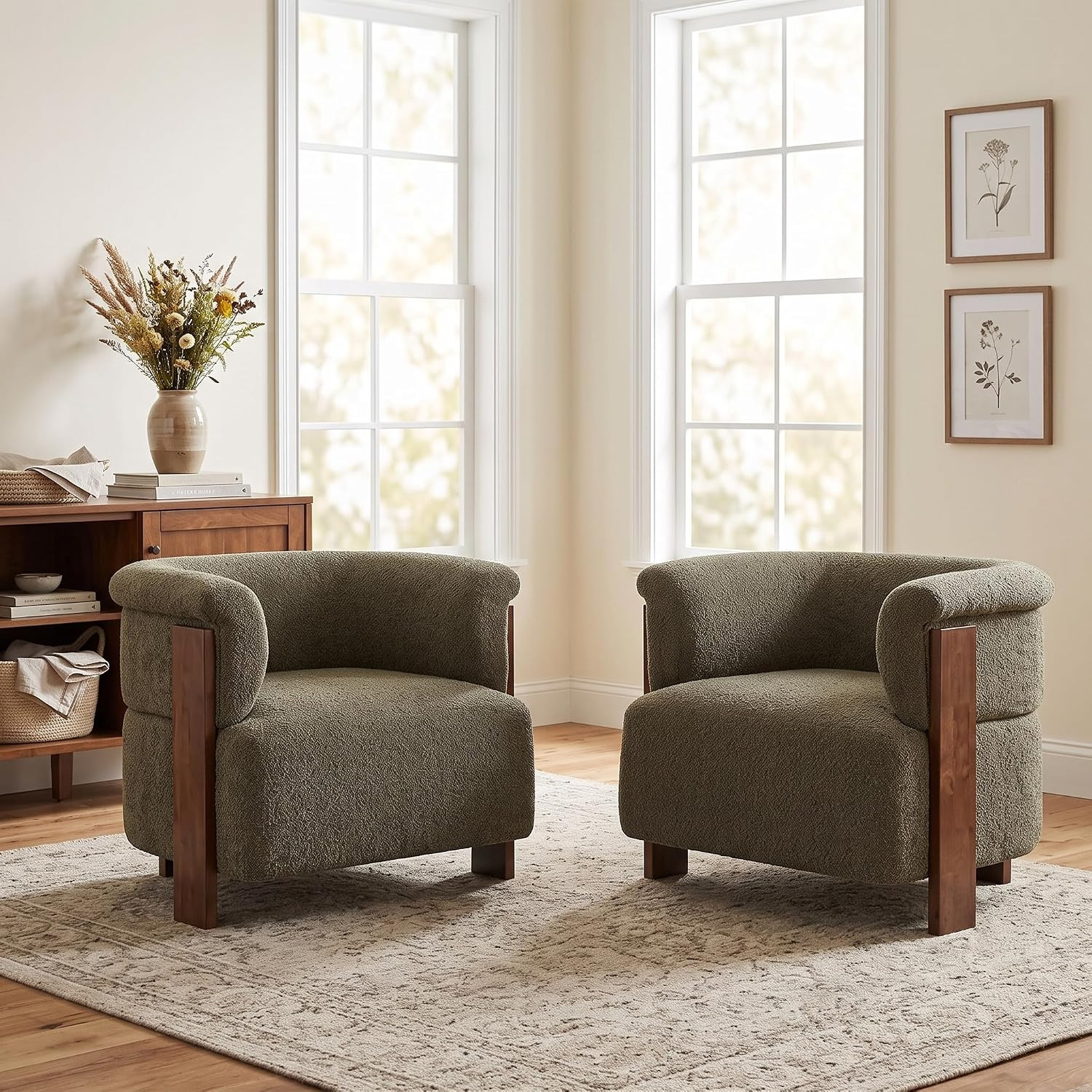 Christopher Knight Home Suli Modern Accent Chairs Set of 2, Boucle Upholstered Curved Barrel Chairs with Vertical Wooden Legs, Comfy Reading Chair for Bedroom, Lounge Sofa for Living Room, Green | Amazon (US)