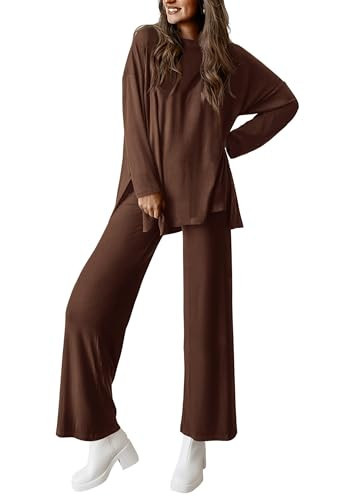 PRETTYGARDEN Women's Two Piece Lounge Sets Matching Long Sleeve Shirts Wide Leg Pants Tracksuits Travel Outfits Fall Clothes (Light Coffee,Medium) | Amazon (US)