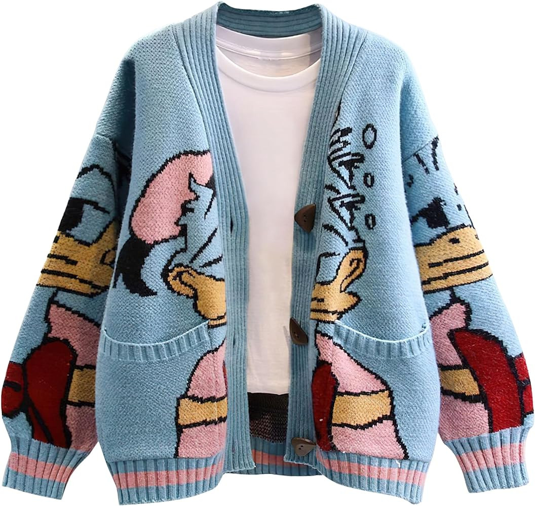 Womens Cute Embroidery Cartoon Duck Cable Knit Cardigans Sweater Button Down Slouchy Wool Blend C... | Amazon (US)