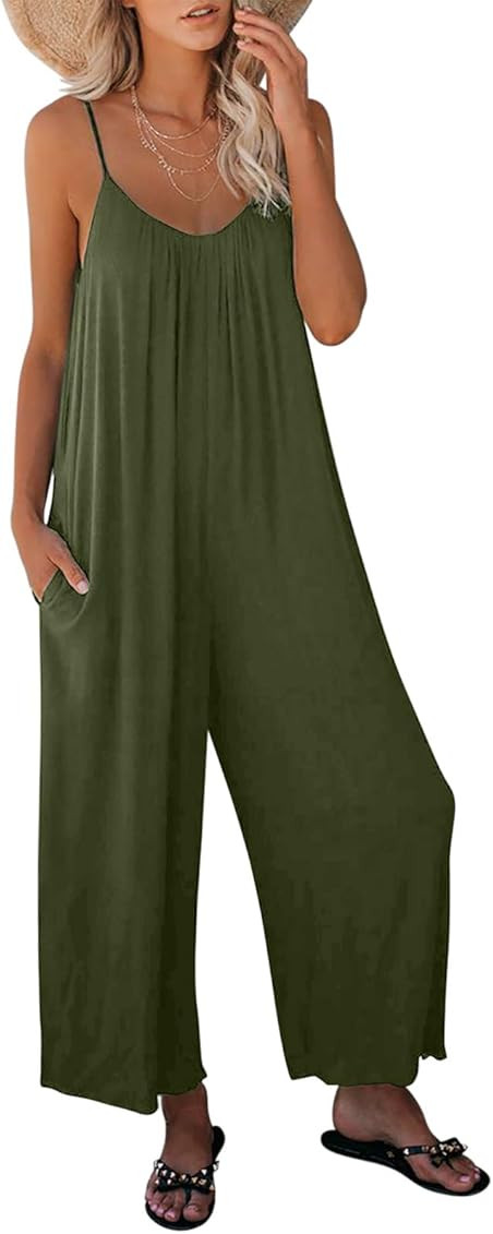 Dokotoo Women's Loose Sleeveless Jumpsuits Adjustable Spaghetti Strap Stretchy Long Pant Romper Jump | Amazon (US)
