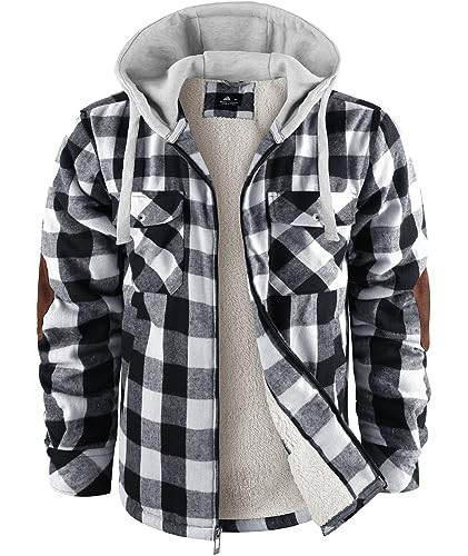 onedog Men's Flannel Shirts Full Zip Up Plaid Jackets Thick Fleece Lined Winter Warm Heavyweight Hoodies Jacket With Pockets Dark Black White M | Amazon (US)