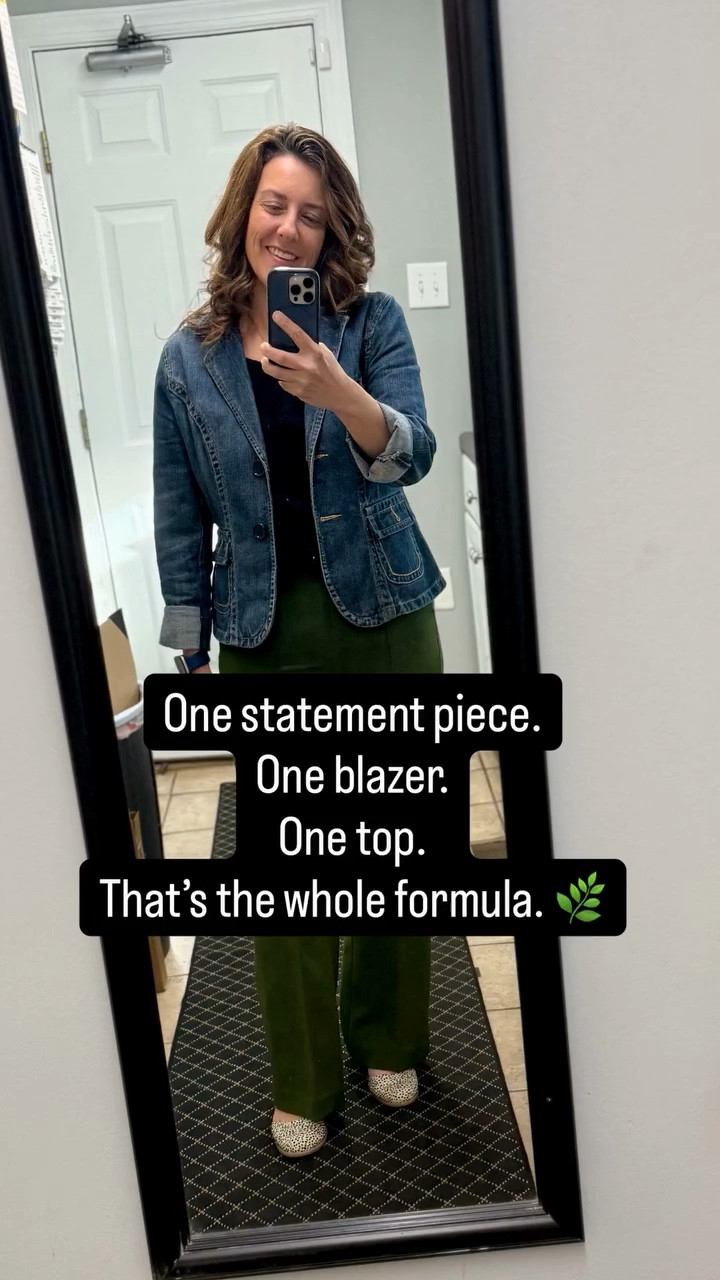 If you ever feel like you "have nothing to wear" — one statement piece changes everything. These green pants + a structured blazer + a basic black top = done. No thinking required. My coworker agrees. (He didn't say that. He said nothing. But the look on his face says everything.) 

🖤  Comment STATEMENT for a DM with the LTK post. 🖤 

budget fashion | affordable outfits | spring style 2026 | women over 35 | women over 40 | working mom outfit | outfit inspo | real women fashion | casual chic | budget style | spring outfits | affordable fashion | working mom style | outfit ideas | green pants outfit | denim blazer outfit | outfit formula | statement piece styling | wide leg pants outfit | thrift find outfit | business casual women 

#OOTD #fyp #millenialmom #workingmom #affordablestyle

#LTKOver40 #LTKootd #LTKstorytime