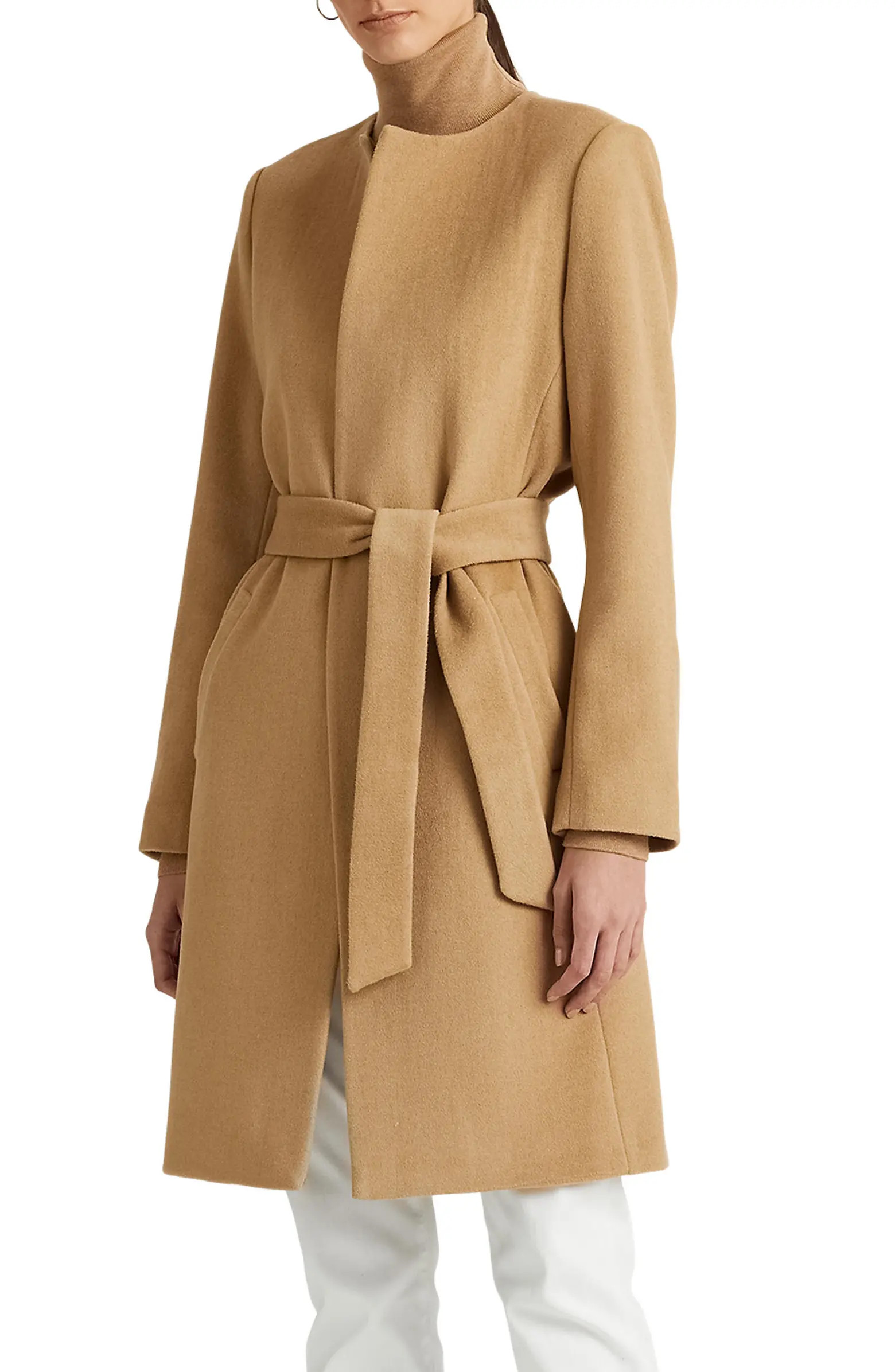 Faux Leather Lapel Wool Blend Wrap Coat | Nordstrom