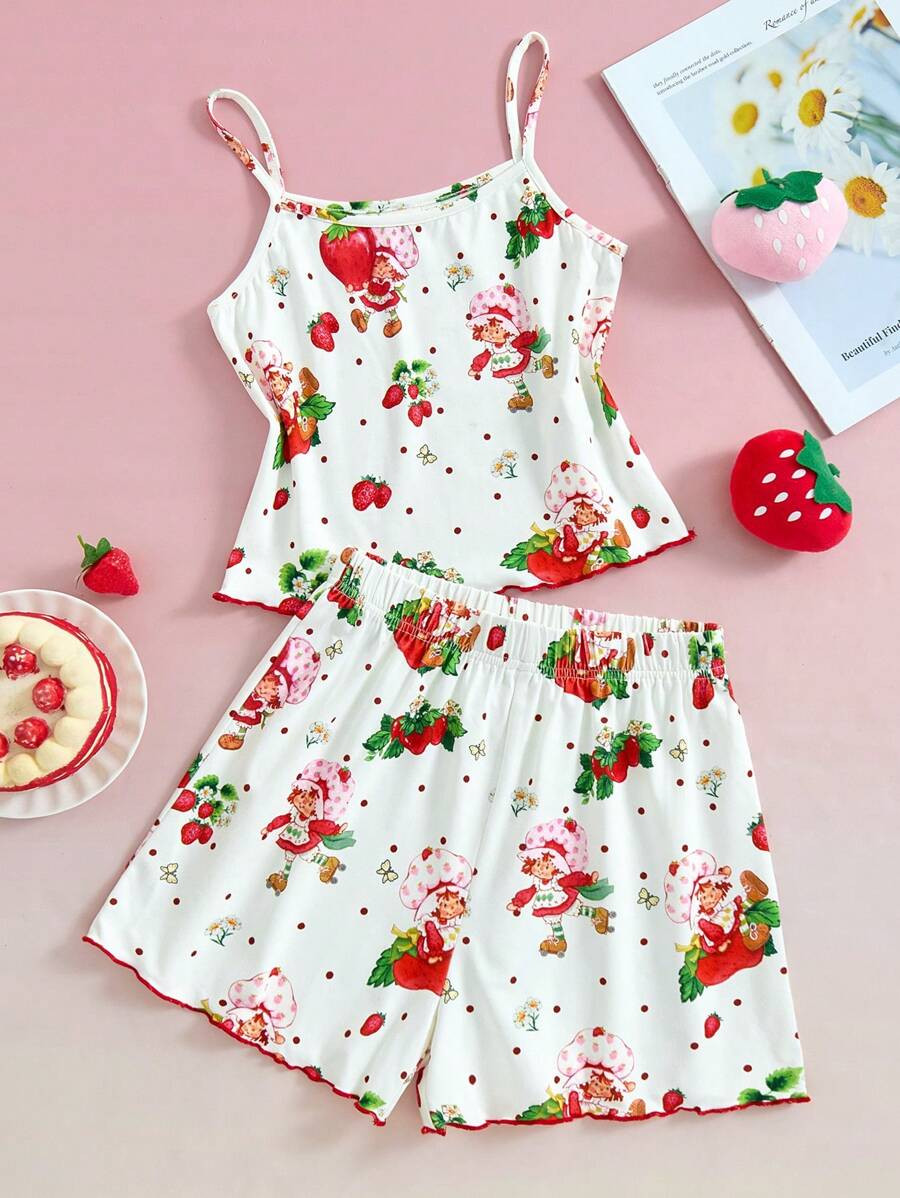 Strawberry Shortcake X SHEIN Tween Girl Y2K Style Cute Strawberry Gingerbread Girl Print Camisole... | SHEIN