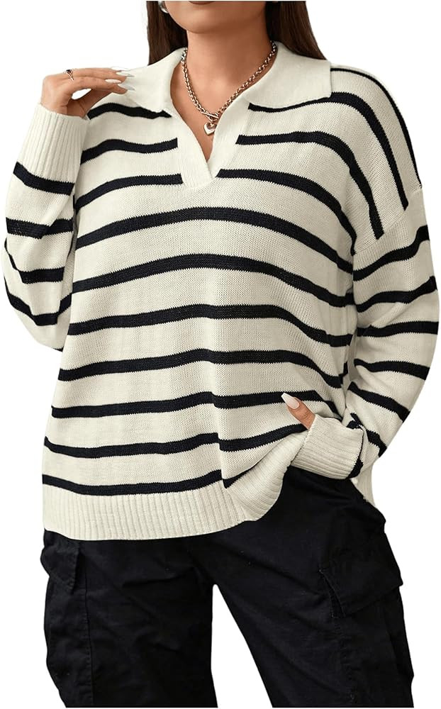 Floerns Women's Plus Size Casual Striped Long Sleeve V Neck Pullover Sweater Loose Fit Fall Knitt... | Amazon (US)