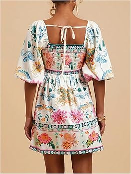 SOLY HUX Women's Floral Print Dress Square Neck Puff Sleeve A Line Short Boho Summer Dresses | Amazon (US)