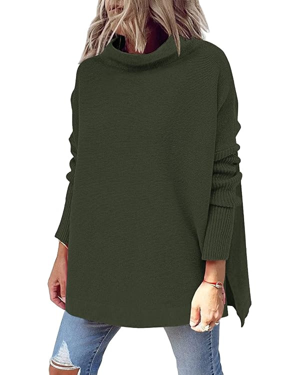LILLUSORY Women's Mock Turtleneck Sweater Long Batwing Sleeve Split Hem Casual Oversized Knit Pul... | Amazon (US)